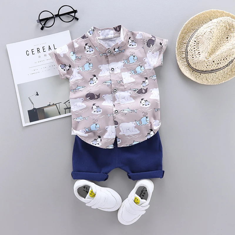 Toddler Baby Boy Clothing Set Summer Sharks Penguins Print T-Shirt Cartoon Children Boys Clothes Shorts Suit for Kids Outfit | Детская