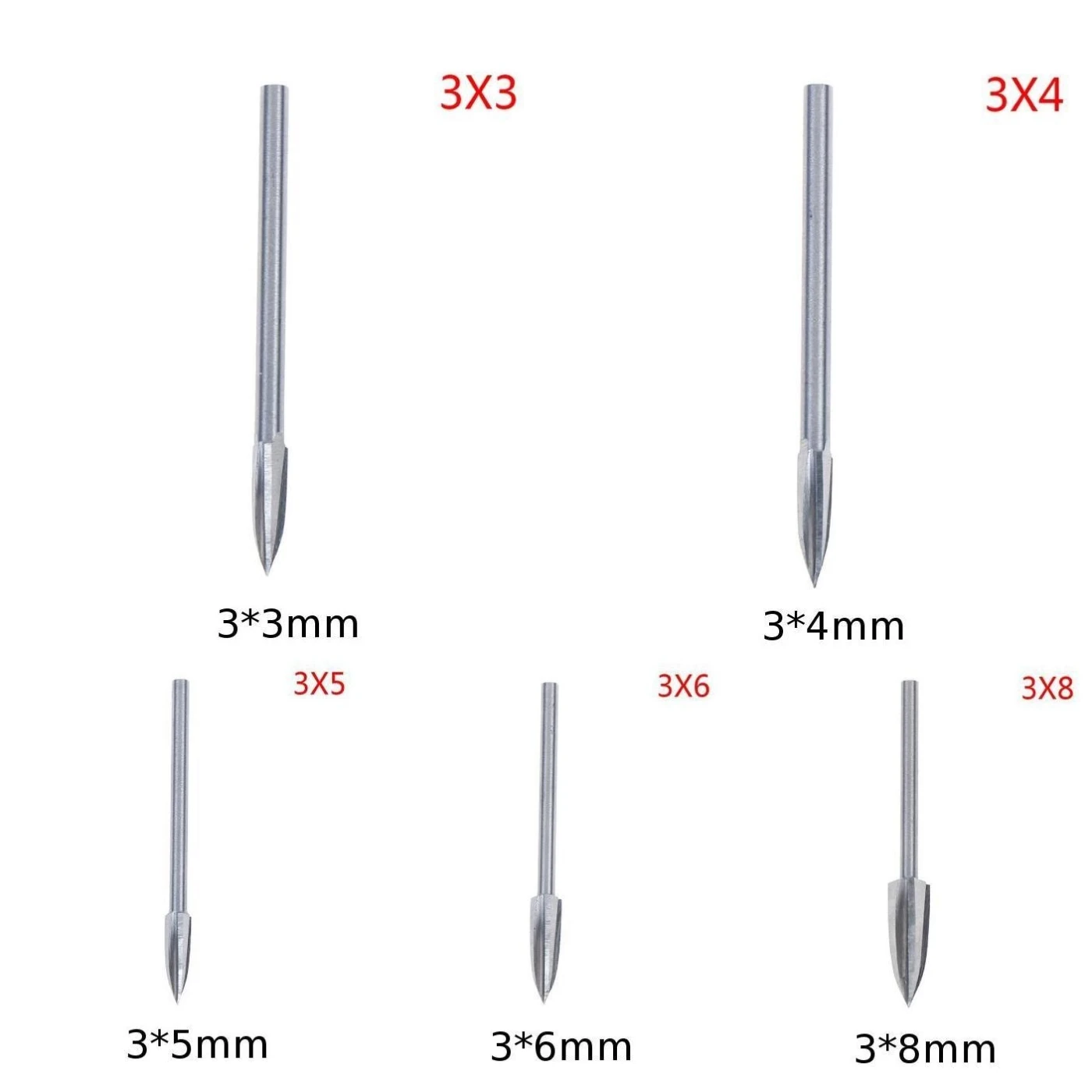 3mm Shank 3-8mm Milling White Steel Sharp Edges Woodworking Tool 3*3, 3*4, 3*5, 3*6, 3*8 Wood Carving Tools Parts
3mm Shank 3-8mm Milling White Steel Sharp Edges Woodworking Tool 3*3, 3*4, 3*5, 3*6, 3*8 Wood Carving Tools Parts