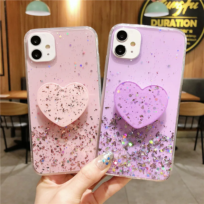 Блестящий зеркальный чехол подставка с сердечками для Iphone 11 Pro Max X XR XS SE 2020 7Plus 7 8