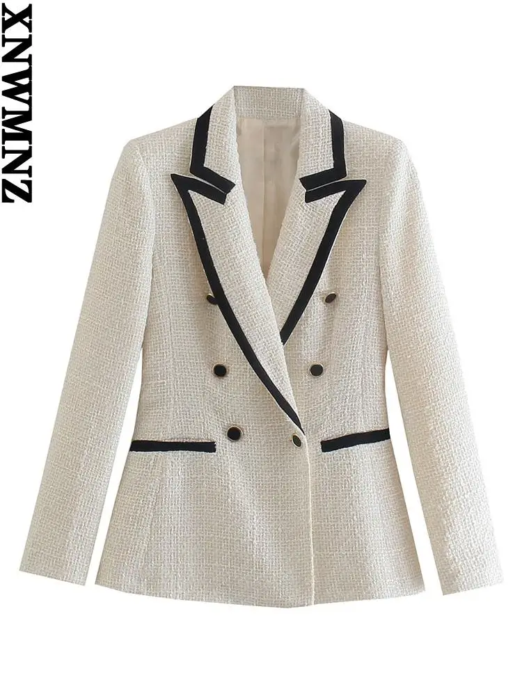 

XNWMNZ Women White textured slim tweed blazer with contrast piping Women's long sleeve Elegant blazer female blazer femme chic