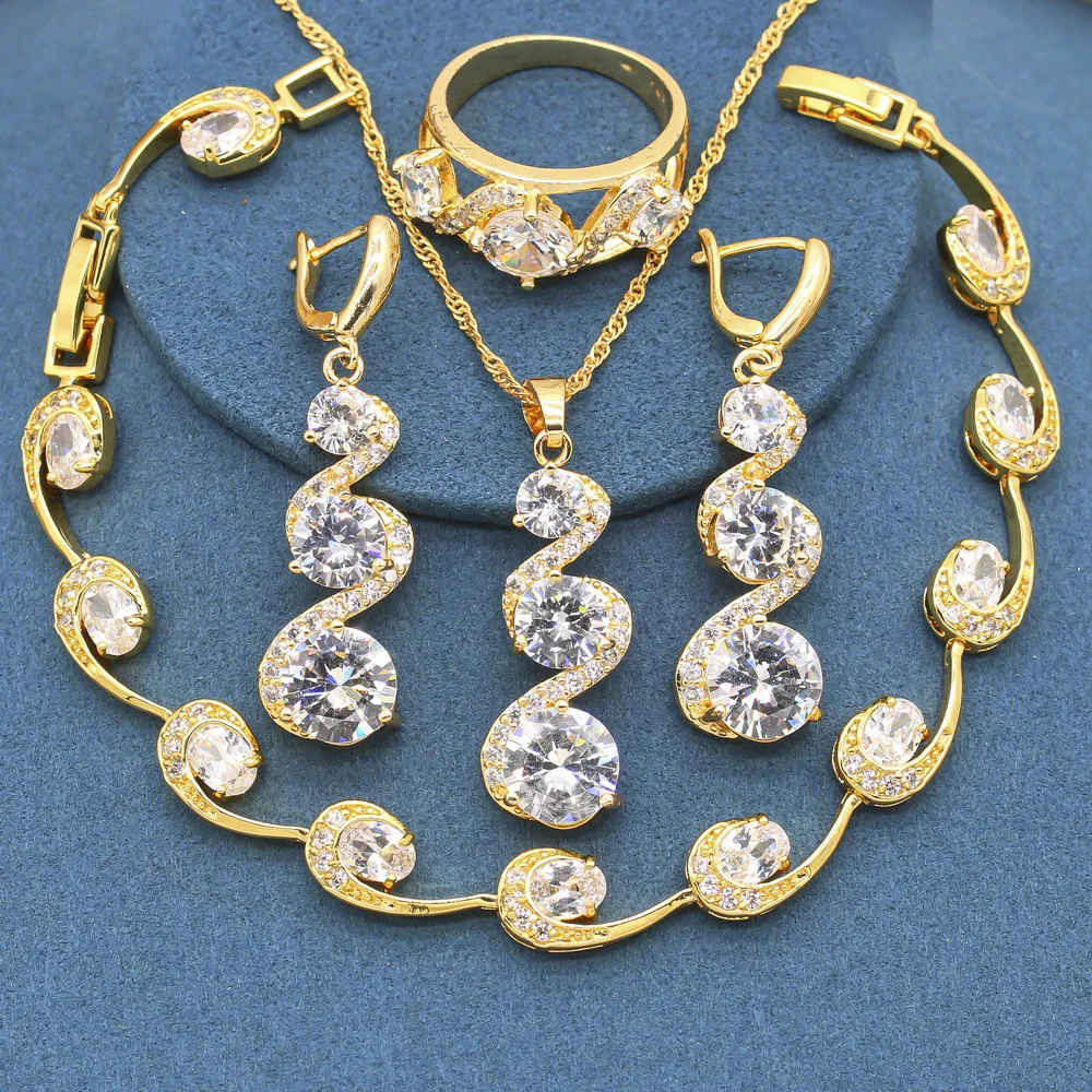 White Topaz Gold Color Jewelry Sets for Women Blue Green Stones Bracelet Ring Long Earrings Necklace Pendant
White Topaz Gold Color Jewelry Sets for Women Blue Green Stones Bracelet Ring Long Earrings Necklace Pendant