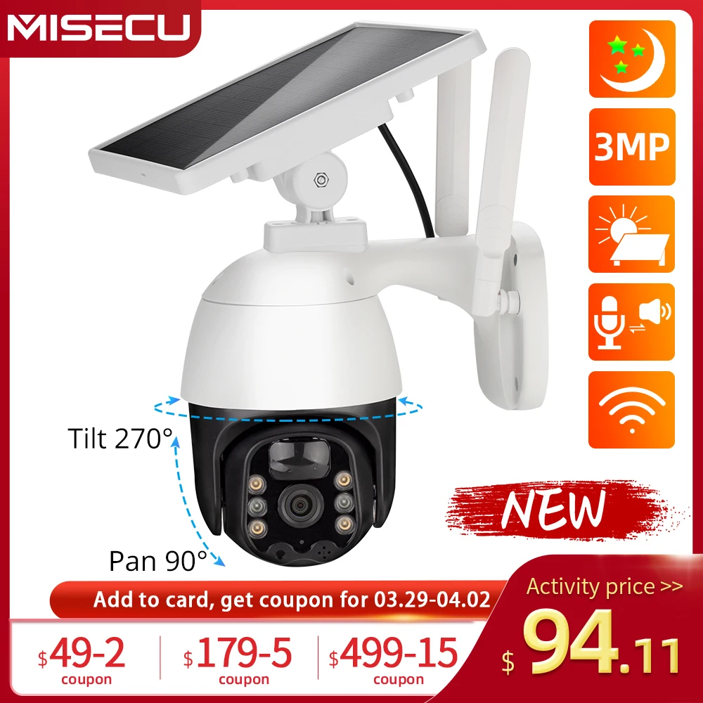 MISECU 3MP Wifi IP Camera 4W Solar Panel Rechargeable Battery Security Camera Smart AI Outdoor Speed Dome PTZ Camera 2-way Audio
MISECU 3MP Wifi IP Camera 4W Solar Panel Rechargeable Battery Security Camera Smart AI Outdoor Speed Dome PTZ Camera 2-way Audio