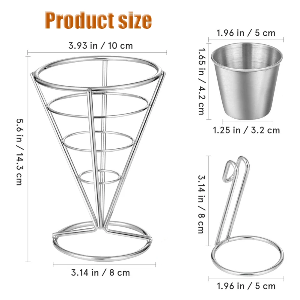 Stainless Steel French Fries Fish And Chips And Appetizers Stand Cone Basket Fry Holder With Sauce Cup Kitchen Party Supplies