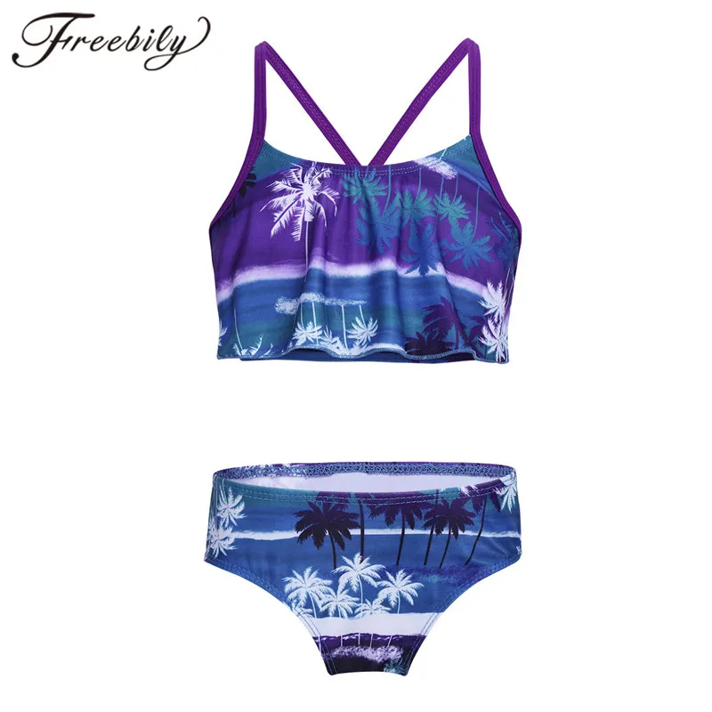 

2PCS Girls Swimsuits Kids Tankini Swimsuit Tropical Palm Printed Flounce Swim Tops with Bottoms Girl Swimwear Bathing Suit