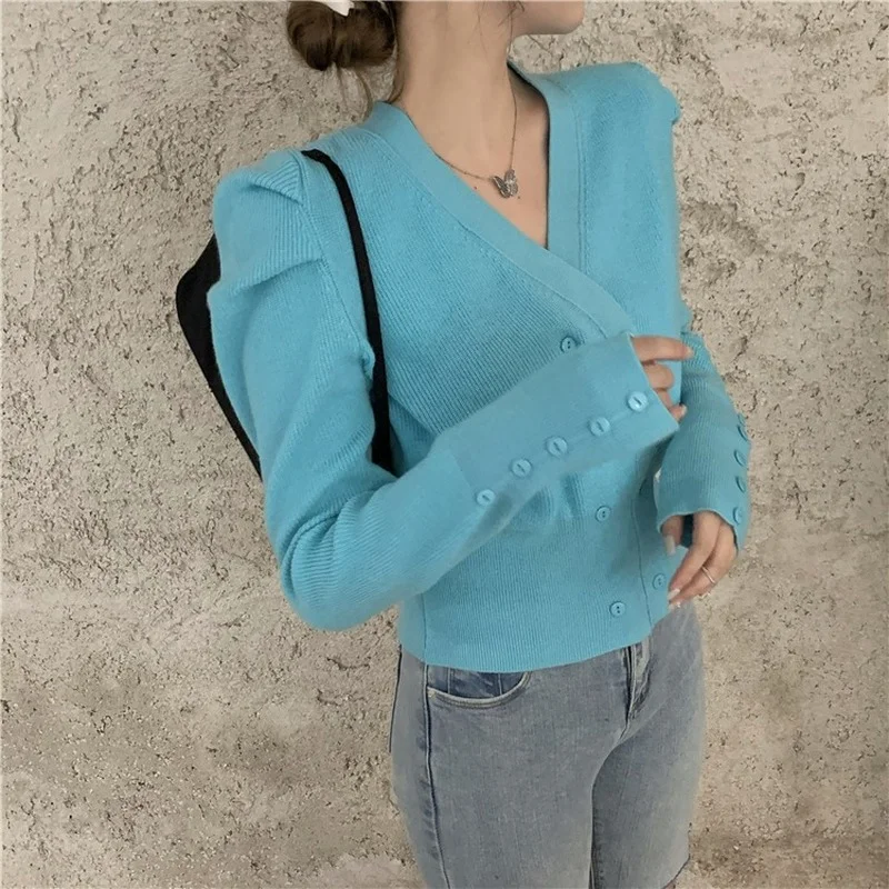 Women Knitwear Coat Korean Puff Long Sleeve V-neck Slim Short Knitted Cardigan Sweater Jacket Cardigan Women 2021 New Autumn
Women Knitwear Coat Korean Puff Long Sleeve V-neck Slim Short Knitted Cardigan Sweater Jacket Cardigan Women 2021 New Autumn