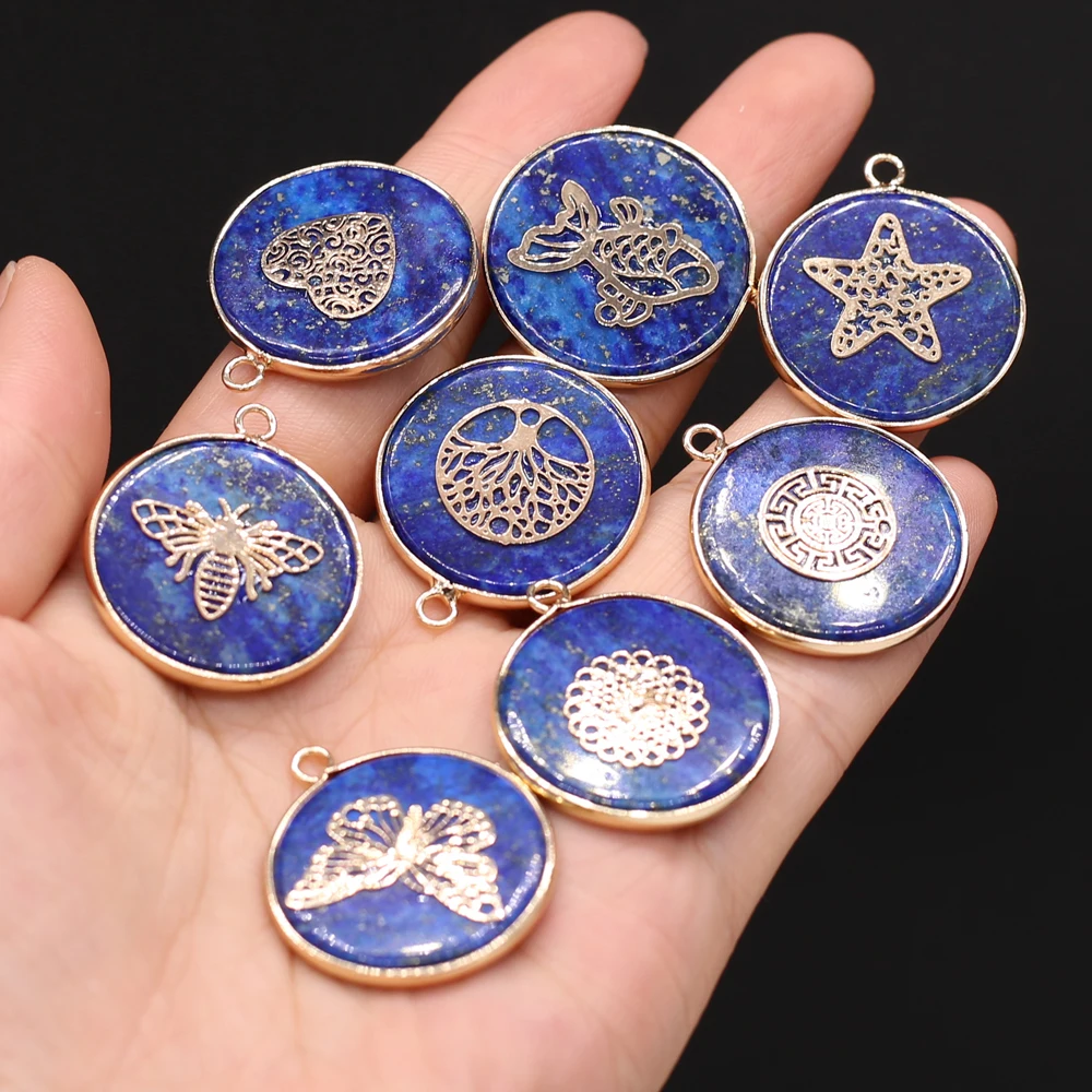 

Natural Semi-precious Stone Pendant Round Lapis Lazuli Pendant Gilt Edge for Making DIY Necklace Accessories Gift1PC
