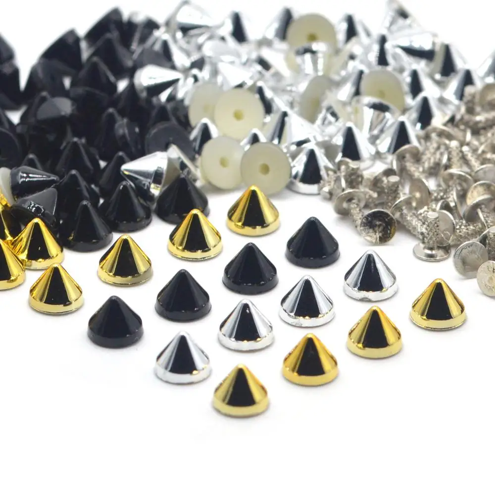 KALASO 100Sets Silver Gold Black Plated Acrylic Cone Punk Studs Rivets Spikes for Shoes Bag Garment Decoration 6.5x5mm 
KALASO 100Sets Silver Gold Black Plated Acrylic Cone Punk Studs Rivets Spikes for Shoes Bag Garment Decoration 6.5x5mm