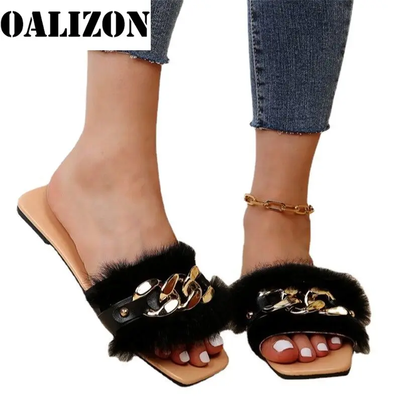 Women Flats Slides 2021 New Autumn Winter Designer Sexy Fur Sandals Chain Shallow Fashion Slippers Flip Flops Plush Shoes Mujer 
Women Flats Slides 2021 New Autumn Winter Designer Sexy Fur Sandals Chain Shallow Fashion Slippers Flip Flops Plush Shoes Mujer