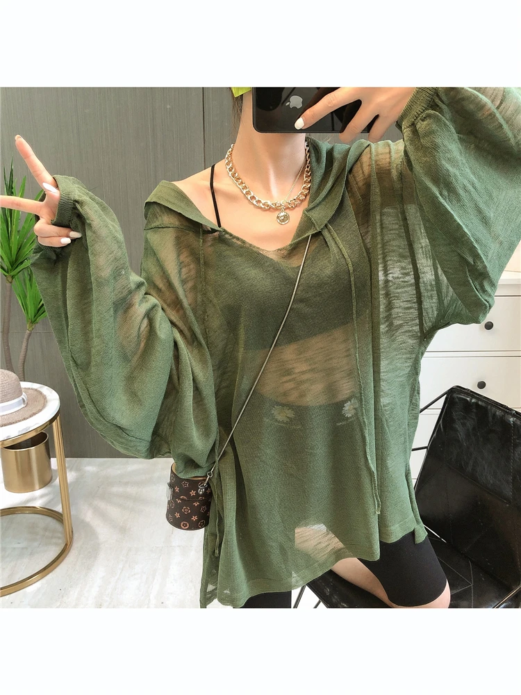 Thin Hooded Sun Protection Shirt Long-sleeved Knitted Air-conditioning Shirt Women's Summer New Loose Korean Lantern Sleeve Top
Thin Hooded Sun Protection Shirt Long-sleeved Knitted Air-conditioning Shirt Women's Summer New Loose Korean Lantern Sleeve Top