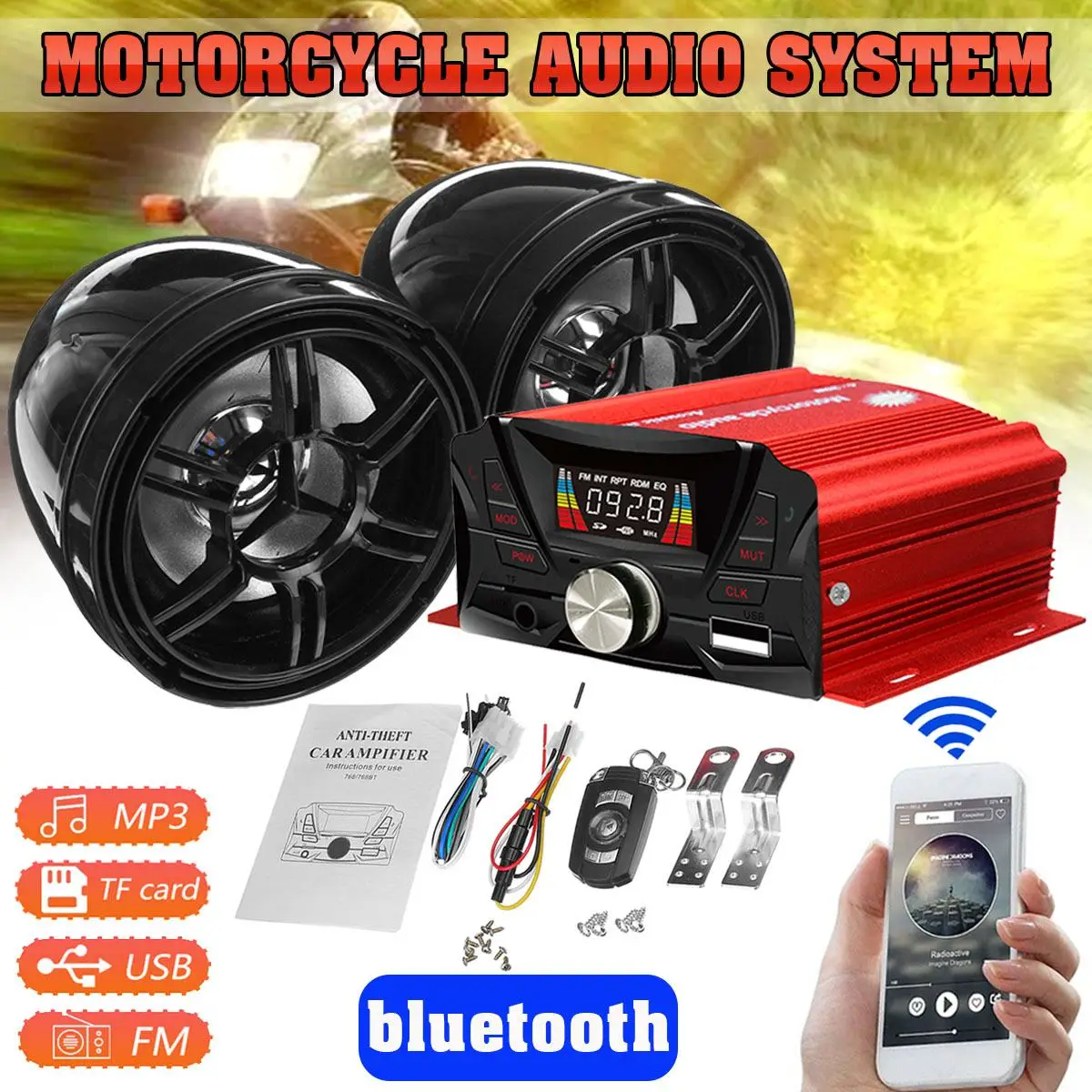 Motorcycle bluetooth Audio Radio Sound System Support SD USB MP3 Music Player FM Radio 2 Amplifier Speakers Waterproof
Motorcycle bluetooth Audio Radio Sound System Support SD USB MP3 Music Player FM Radio 2 Amplifier Speakers Waterproof