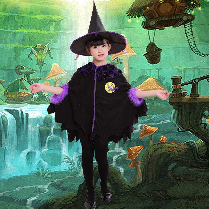 

Halloween Kids Cosplay Witch Costume Carnival Party Gothic Clothes Girls Medieval Cloak Bat Mantle Furry Performance Disguise