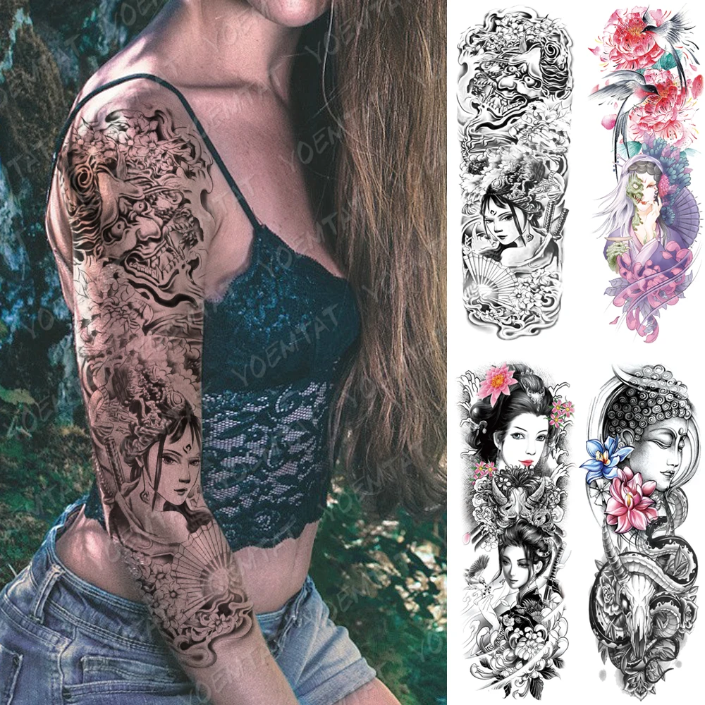 Large Arm Sleeve Tattoo Geisha Beauty Demon Waterproof Temporary Tatto Sticker Buddha Body Art Full Fake Tatoo Women Men | Красота и