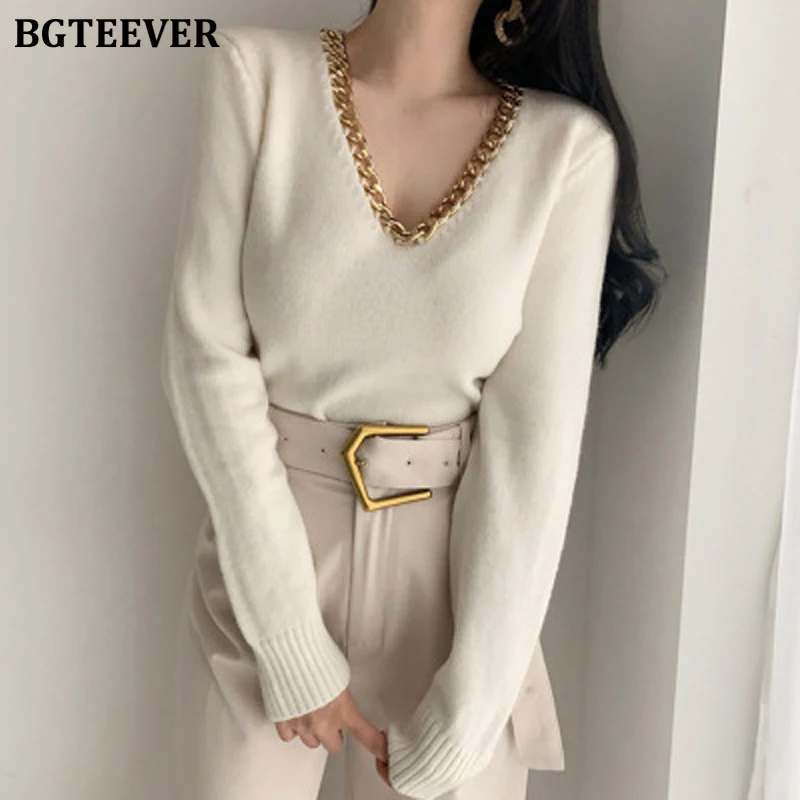 BGTEEVER Chic V Neck Metal Chain Women Knitted Pullover Jumpers Autumn Winter Thick Warm Long Sleeve Female Sweater Tops 2020
BGTEEVER Chic V Neck Metal Chain Women Knitted Pullover Jumpers Autumn Winter Thick Warm Long Sleeve Female Sweater Tops 2020