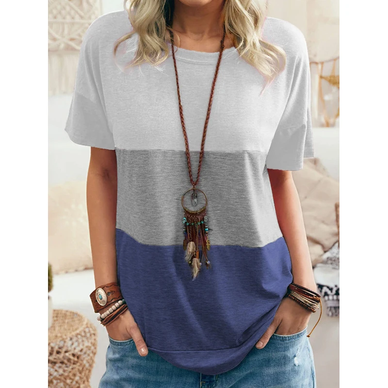 Vintage Women T-shirts Summer Color Tops Tee Casual Short Sleeve Loose Top Pullover Ladies O-Neck Striped Patchwork Tee Clothing
Vintage Women T-shirts Summer Color Tops Tee Casual Short Sleeve Loose Top Pullover Ladies O-Neck Striped Patchwork Tee Clothing