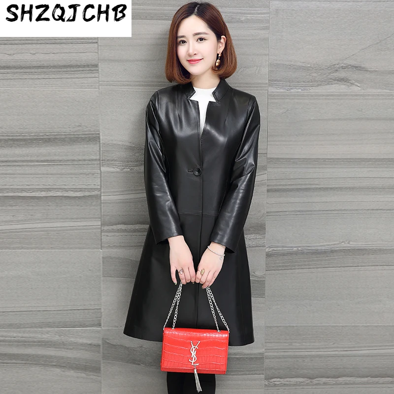 

SHZQ 2021 кожаная одежда для весны и осени Женская ветровка средней и длинной овечьей кожи Корейская приталенная куртка пальто список