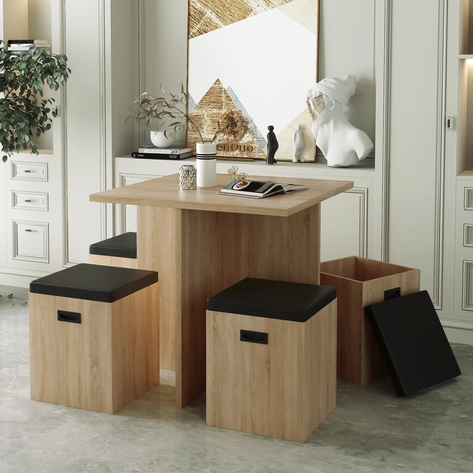 5-Piece Dining Set With Storage Footstool, Wooden Table And 4 Stool Storage Cabinet Home Living Room Dining Room Furniture Set
5-Piece Dining Set With Storage Footstool, Wooden Table And 4 Stool Storage Cabinet Home Living Room Dining Room Furniture Set