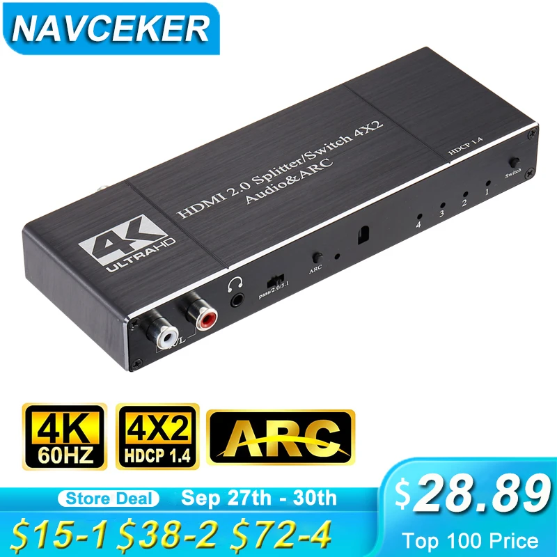 2022 4K HDMI Switch 4x2 with Remote Optical Toslink & Coaxial 4 In 2 Out HDMI Switch 4 Port Switch HDMI 2.0 For Apple TV PS4
2022 4K HDMI Switch 4x2 with Remote Optical Toslink & Coaxial 4 In 2 Out HDMI Switch 4 Port Switch HDMI 2.0 For Apple TV PS4
