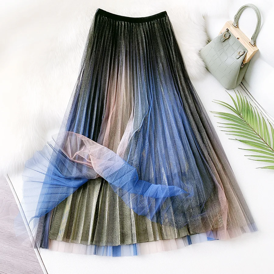 2021 Woman Skirt Elastic High Waist Gradient Colorful Mesh Skirts Women A-Line Pleated Skirt Sweet Skirt Mujer Faldas Femme Jupe
2021 Woman Skirt Elastic High Waist Gradient Colorful Mesh Skirts Women A-Line Pleated Skirt Sweet Skirt Mujer Faldas Femme Jupe