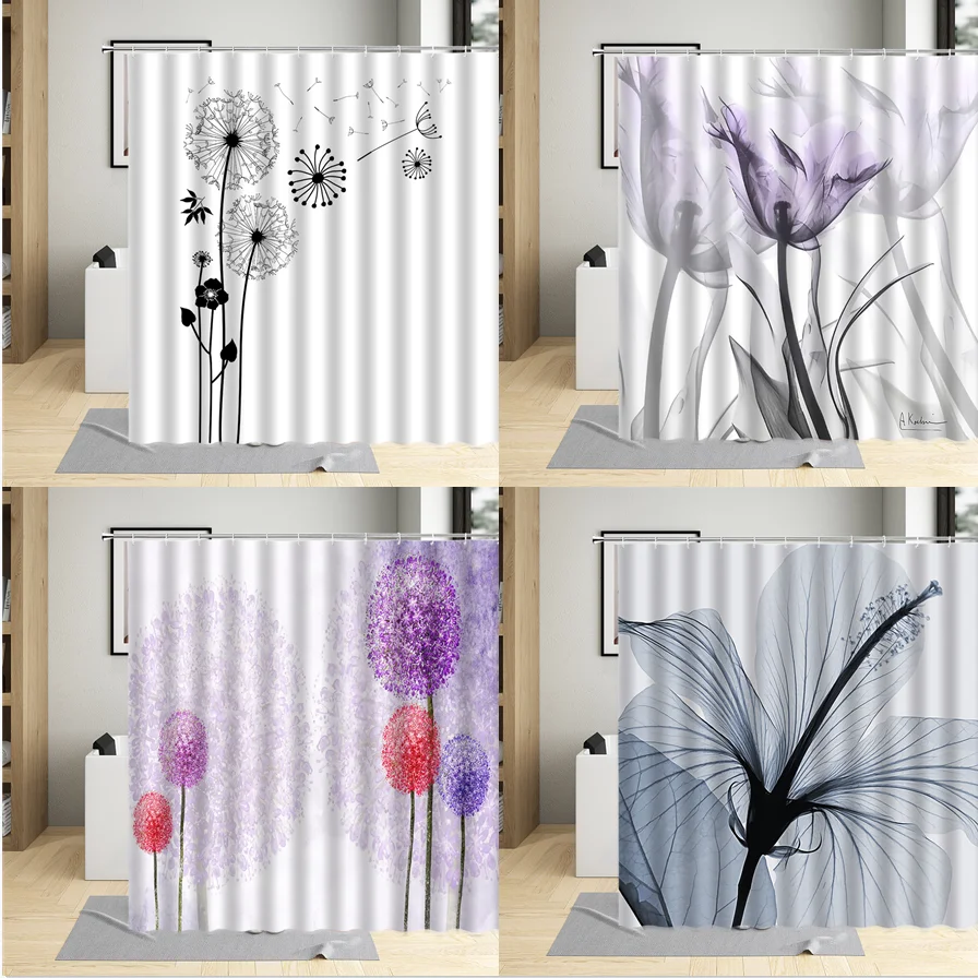 

Занавеска для душа из полиэстера, с 3d-изображением черно-белых цветов, одуванчиков, тюльпанов, рентгеновских цветов