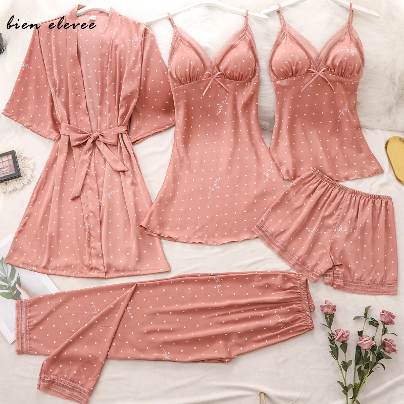 

Pajamas Set Womens Sexy Silk Robe Satin Nightwear Womens Strap Top&Pants Sleepwear Pyjamas Suit Female Lace Lounge Lingeries