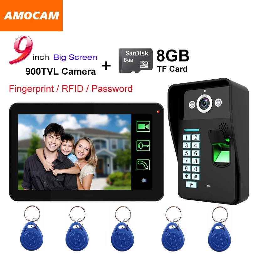 

9" Touch Monitor Video Record video door phone Intercom Doorbell Fingerprint/Password Code/ID Card/8GB Card Recording video