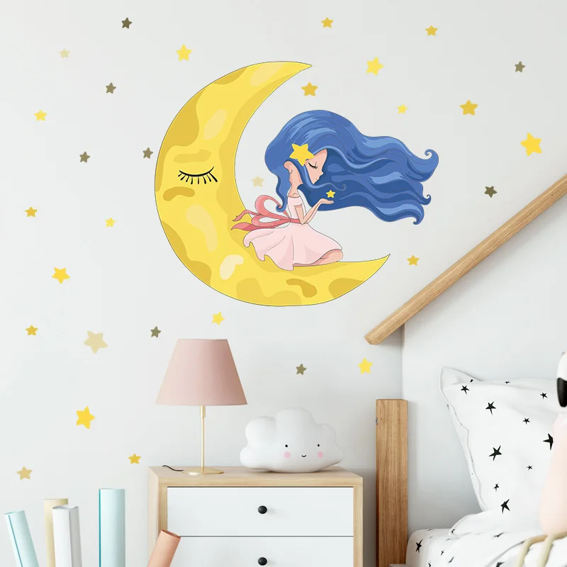 Cartoon DIY Fairy Little Girl On Golden Moon Stars Good Night Children's Room Kindergarten Home Wall Decoration Wall Stickers
Cartoon DIY Fairy Little Girl On Golden Moon Stars Good Night Children's Room Kindergarten Home Wall Decoration Wall Stickers