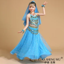 Girls Bollywood Dance Costume Set Adult Kids Belly Dance Indian Sari Children Chiffon Outfit Halloween Party Performance Costume