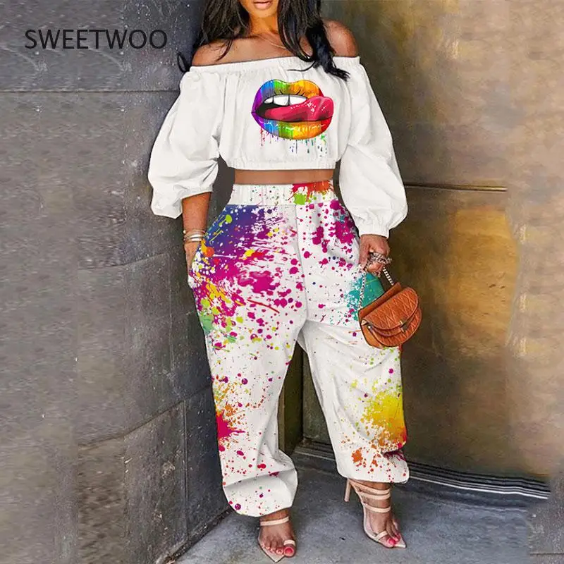 2021 Spring/summer Ladies Two-Piece Homewear Off-The-Shoulder Lip Print Lantern Sleeve Cropped Top Printed Pants Set
2021 Spring/summer Ladies Two-Piece Homewear Off-The-Shoulder Lip Print Lantern Sleeve Cropped Top Printed Pants Set