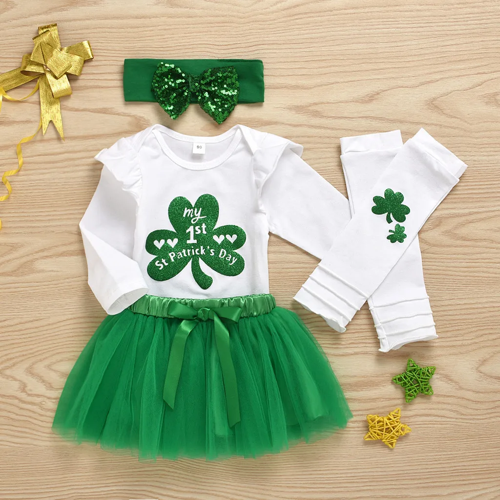 

4pcs Toddler Baby Girls St.patrick's Day Clothes Clover Party Princess Tulle Tutu Dress Green Mesh Skirt Headband Vestido #l