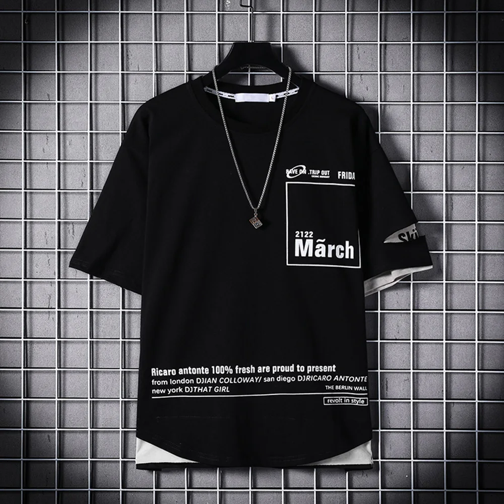 T-shirt Summer Hong Kong Style Fake Two-piece Short-sleeved T-shirt Men's Stitching Loose Simple Wild Trend Men's Half-sleeved
T-shirt Summer Hong Kong Style Fake Two-piece Short-sleeved T-shirt Men's Stitching Loose Simple Wild Trend Men's Half-sleeved