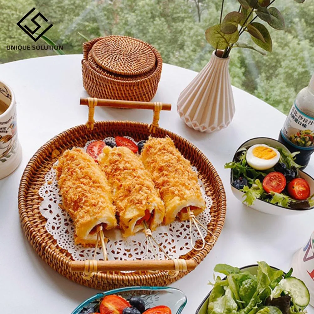 Handwoven Rattan Storage Tray With Wooden Handle Round Wicker Basket Bread Food Plate Fruit Cake Platter Dinner Serving Tray
Handwoven Rattan Storage Tray With Wooden Handle Round Wicker Basket Bread Food Plate Fruit Cake Platter Dinner Serving Tray