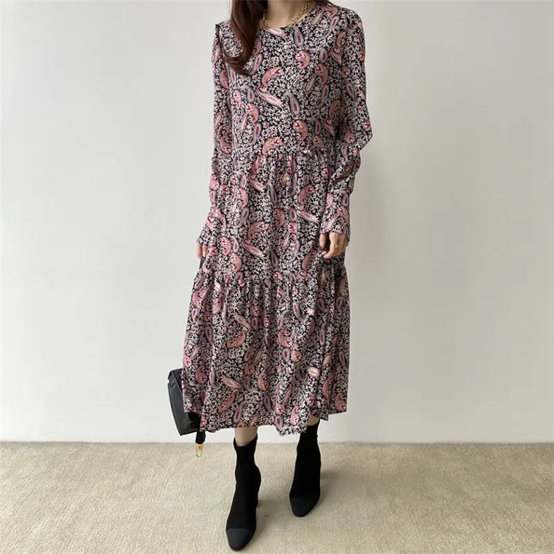 

HziriP Chic Fresh Loose Vintage Print Floral O-Neck 2020 Stylish Ruffles All-Match Autumn Brief Hot Women Casual Long Dresses