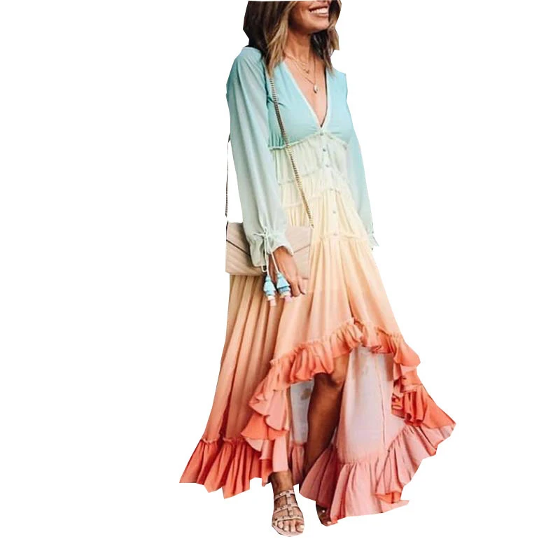 2021 Women Summer Boho Maxi Dress Rainbow Gradient Color Long Sleeve Elegant Beach Dress Button Cardigan Loose Casual Vestidos
2021 Women Summer Boho Maxi Dress Rainbow Gradient Color Long Sleeve Elegant Beach Dress Button Cardigan Loose Casual Vestidos