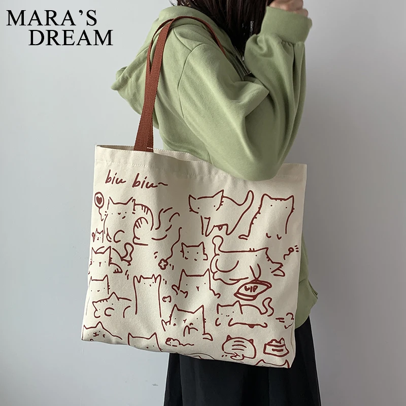 

Mara's Dream Canvas Bag Handbag For Women Shopper Tote Bag Fashion Designer Bag Japanese Style Cartoon Cute Cat Eco Shoulder Bag