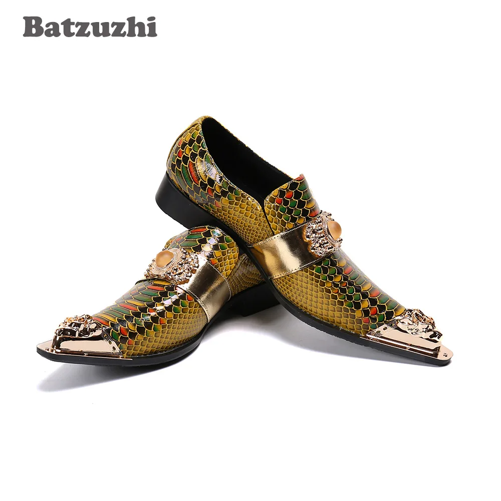 

Batzuzhi Japanse Type Men's Shoes Genuine Leather Dress Shoes Pointed Toe Slip on Gold Party/Business/Wedding Dress Shoes Men!