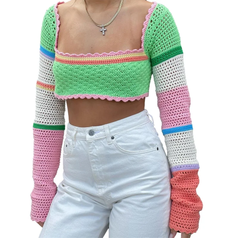 Women Summer Crop Tops Splicing Crochet Square Neck Long Sleeves Knitted T-shirt Tops 2021 Streetwear for Girls Green
Women Summer Crop Tops Splicing Crochet Square Neck Long Sleeves Knitted T-shirt Tops 2021 Streetwear for Girls Green