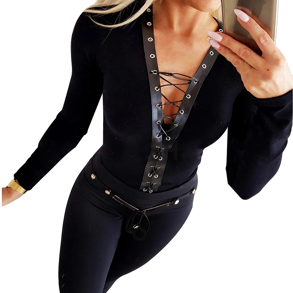 Women Solid Color Sexy V Neck Pullover Night Club Long Sleeve Lace Up Tops Elegant Leather Patchwork Bandage Slim Fit T Shirt
Women Solid Color Sexy V Neck Pullover Night Club Long Sleeve Lace Up Tops Elegant Leather Patchwork Bandage Slim Fit T Shirt