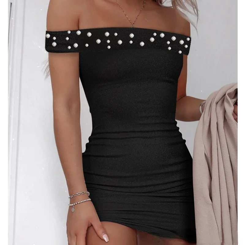 2021 Summer New Tight Mini Dresses Women Slash Collar High Bodycon Pearl Off-Shoulder Dress Black Sheath Clubwear Dress
2021 Summer New Tight Mini Dresses Women Slash Collar High Bodycon Pearl Off-Shoulder Dress Black Sheath Clubwear Dress