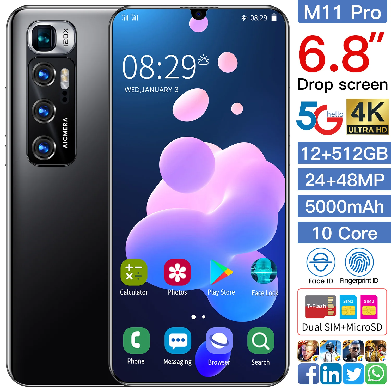 New XIAOM11 Pro 6.8 Inch 12+512G 24MP+48MP Smartphone 5G 1440*3200 MT6889 10 Core 5000 MAH Android 10.0 Face Fingerprint ID
New XIAOM11 Pro 6.8 Inch 12+512G 24MP+48MP Smartphone 5G 1440*3200 MT6889 10 Core 5000 MAH Android 10.0 Face Fingerprint ID