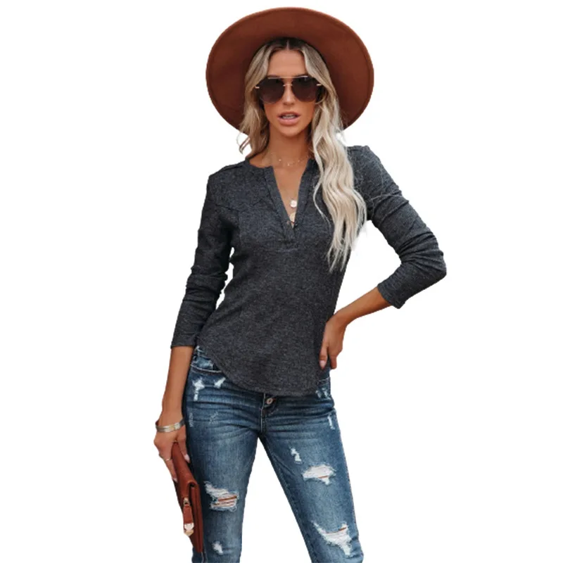 2021 European and American Autumn and Winter Pullover Long Sleeve Solid Color Fashion V-neck Button T-shirt Women's Clothing
2021 European and American Autumn and Winter Pullover Long Sleeve Solid Color Fashion V-neck Button T-shirt Women's Clothing