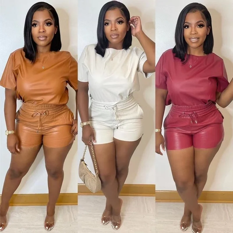 Casaul Pu Leather Solid O Neck Short Sleeve Stretchy 2 Two Piece Set Women Tshirts Biker Shorts Drawstring Streetwear Clothes
Casaul Pu Leather Solid O Neck Short Sleeve Stretchy 2 Two Piece Set Women Tshirts Biker Shorts Drawstring Streetwear Clothes