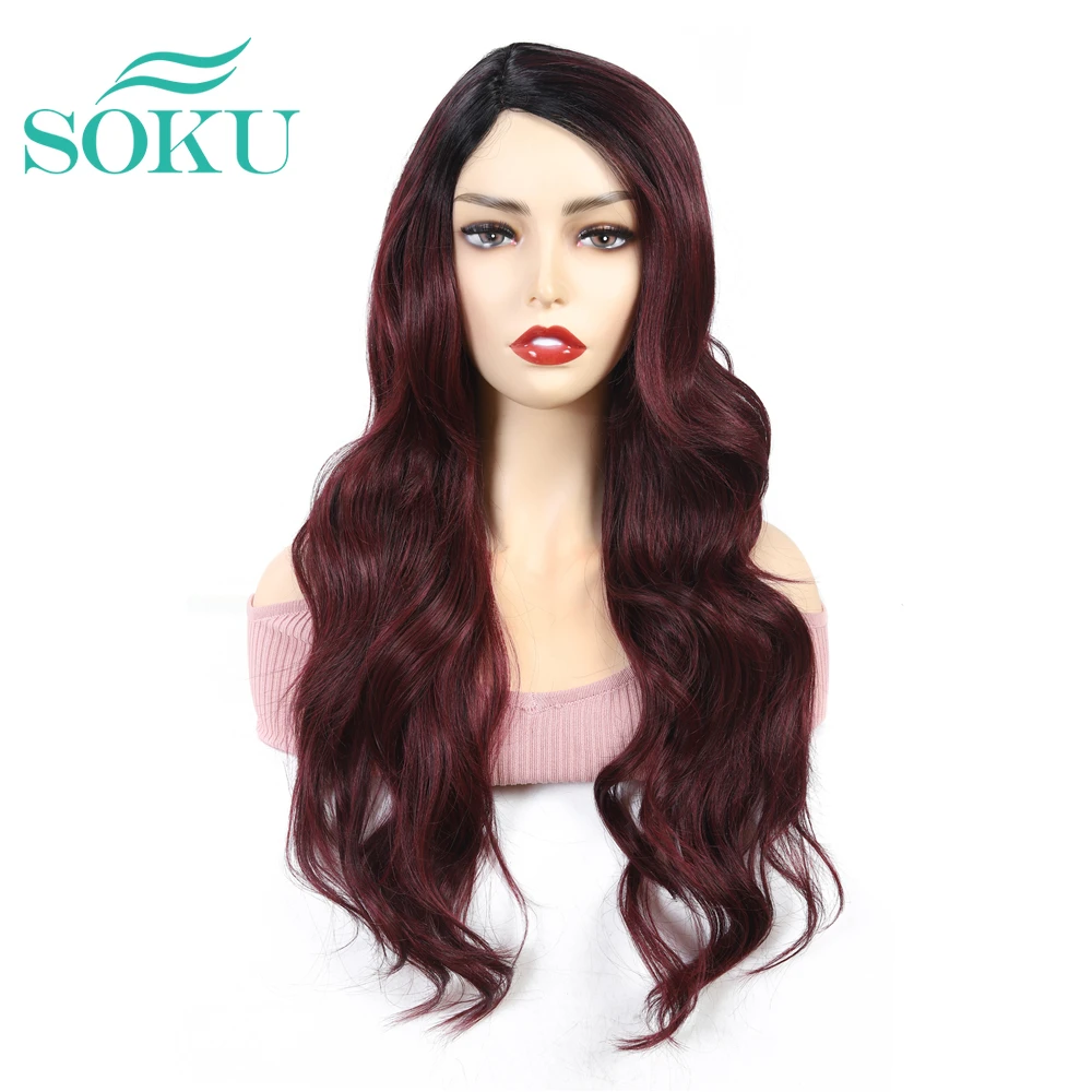 Синтетические парики SOKU красного цвета с челкой 24 дюйма длинные волнистые без