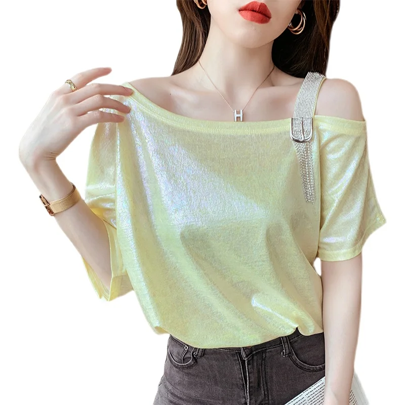 off-Shoulder Short-Sleeved T-shirt for Women 2021summer New Solid Color Temperament Crew Neck Slim Fit Slimming All-Matching
off-Shoulder Short-Sleeved T-shirt for Women 2021summer New Solid Color Temperament Crew Neck Slim Fit Slimming All-Matching