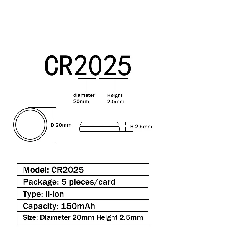100pcs 150mAh CR2025 Lithium 3V Button Battery BR2025 KCR2025 DL2025 2025 L12 EE6226 Coin Cell Batteries For Watch Toy Control
100pcs 150mAh CR2025 Lithium 3V Button Battery BR2025 KCR2025 DL2025 2025 L12 EE6226 Coin Cell Batteries For Watch Toy Control