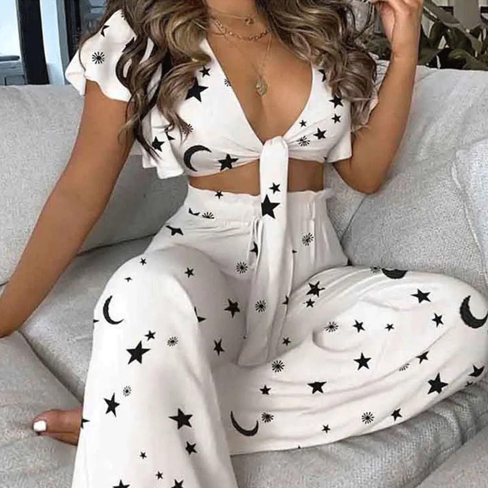 Sexy y2k Printing Two Pieces Set Elegant Short Sleeve Tie-up Tops and Wide Leg Pants Suits Casual Tracksuit Summer Outfits
Sexy y2k Printing Two Pieces Set Elegant Short Sleeve Tie-up Tops and Wide Leg Pants Suits Casual Tracksuit Summer Outfits