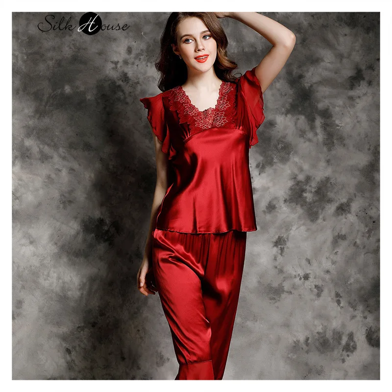Silk Pajamas Women's Summer Short Sleeve Ruffle Pants Two Piece Set Sexy 100% Silk Suit
Silk Pajamas Women's Summer Short Sleeve Ruffle Pants Two Piece Set Sexy 100% Silk Suit