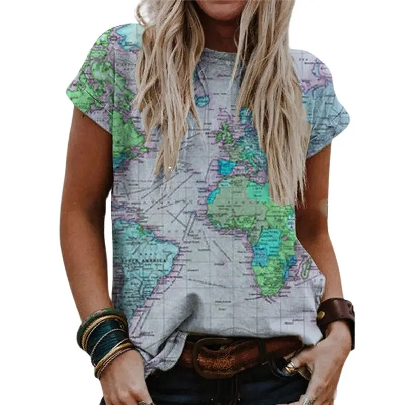 T-shirt, Short Sleeve, Women's Round Neck, Casual, Fashion, with 3D Digital Printing, World Map, S-2xl
T-shirt, Short Sleeve, Women's Round Neck, Casual, Fashion, with 3D Digital Printing, World Map, S-2xl