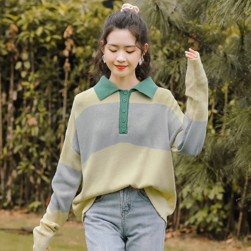 Chic Khaki Autumn and Winter 2020 New Loose Striped Sweater Polo Collar Sweater Women's Color Matching Long Sleeve Bottoming Top
Chic Khaki Autumn and Winter 2020 New Loose Striped Sweater Polo Collar Sweater Women's Color Matching Long Sleeve Bottoming Top