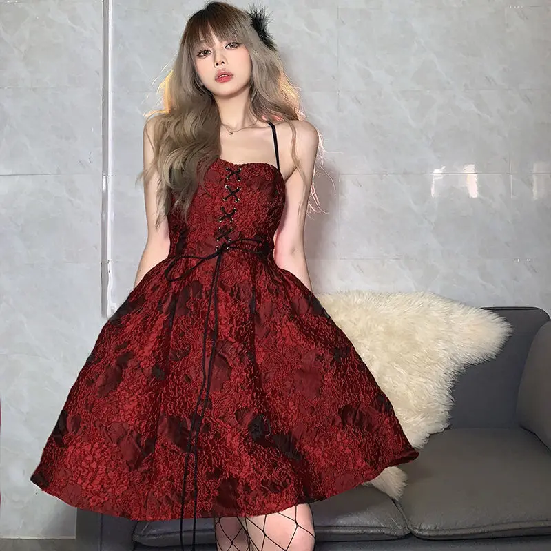 Fashion Vintage Strap Red Jacquard Party Dress Female Backless Lace Up Ball Gown Sexy Dresses Evening Summer Sundress
Fashion Vintage Strap Red Jacquard Party Dress Female Backless Lace Up Ball Gown Sexy Dresses Evening Summer Sundress