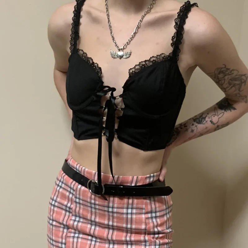 Summer Sexy Front Tie Lace Harajuku Gothic Black Cami Top Sleeveless Y2K Crop Tops Tees Women Frill Backless Fashion Vest
Summer Sexy Front Tie Lace Harajuku Gothic Black Cami Top Sleeveless Y2K Crop Tops Tees Women Frill Backless Fashion Vest